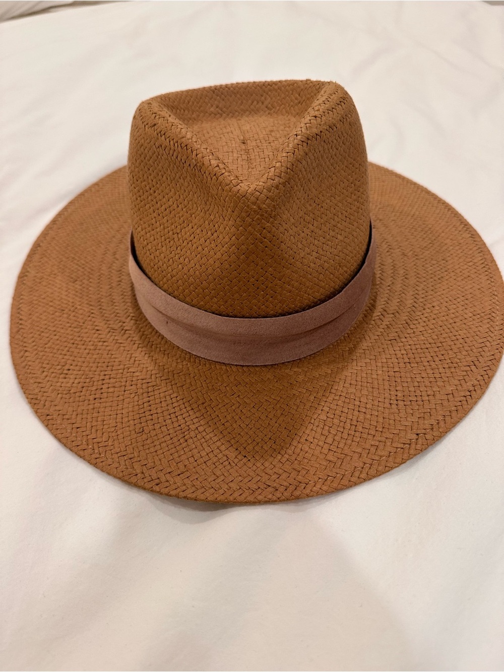 Classic Janessa Leone Wide Brim Straw Fedora in Caramel Brown size small